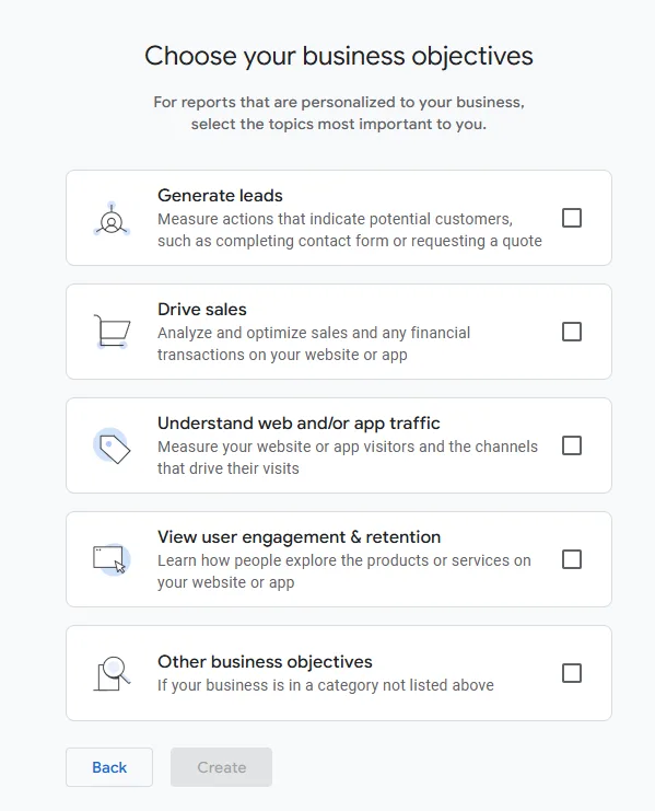 Choose your business objectives — screenshot 1