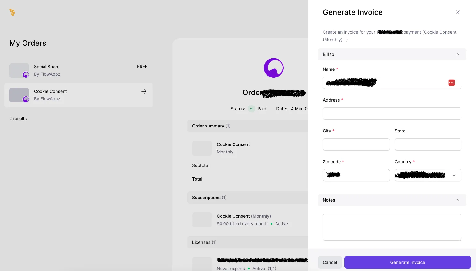 Viewing a past charge and filling out invoice information