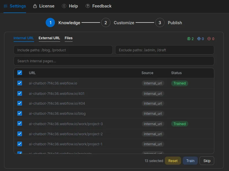 Knowledge — Train Your Chatbot — screenshot 1